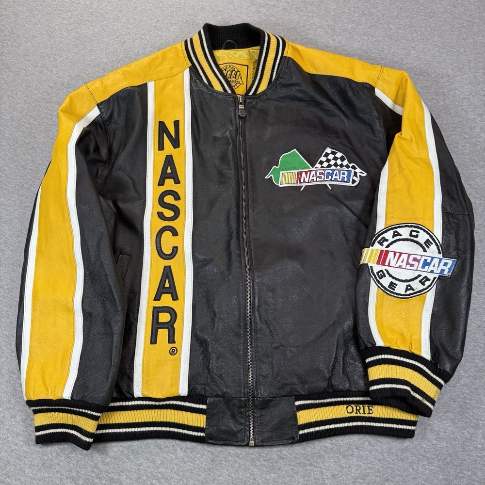 G-III Mens Black Yellow Leather Full-Zip NASCAR Team USA Racing Jacket Large